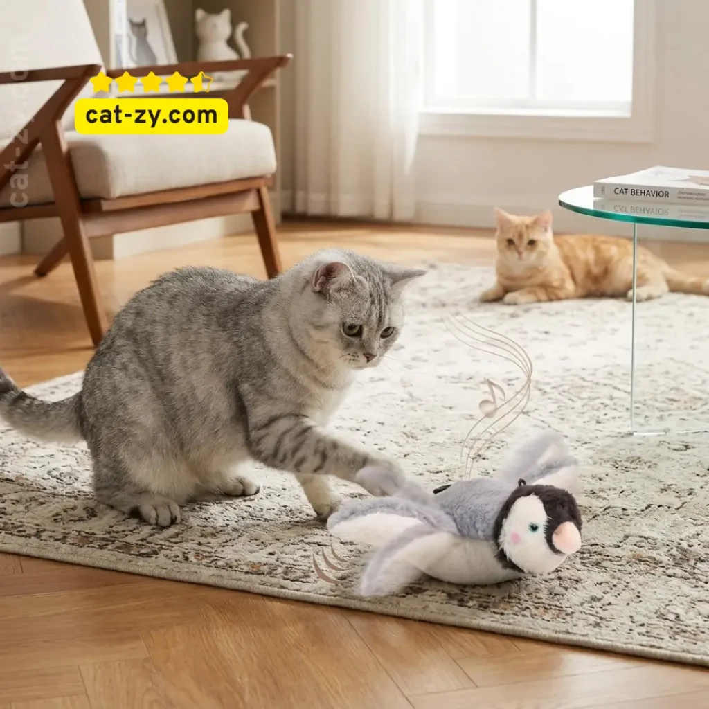 A cat happily interacting with the Flappyfella Simulated Chirping Flapping Bird Cat Toy, as reviewed on cat-zy.