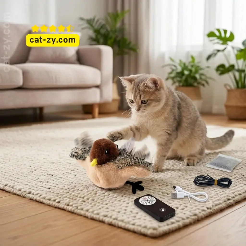 A cat engaged in interactive play with the Flying Bird Cat Toy in a cozy home environment, as featured on cat-zy.