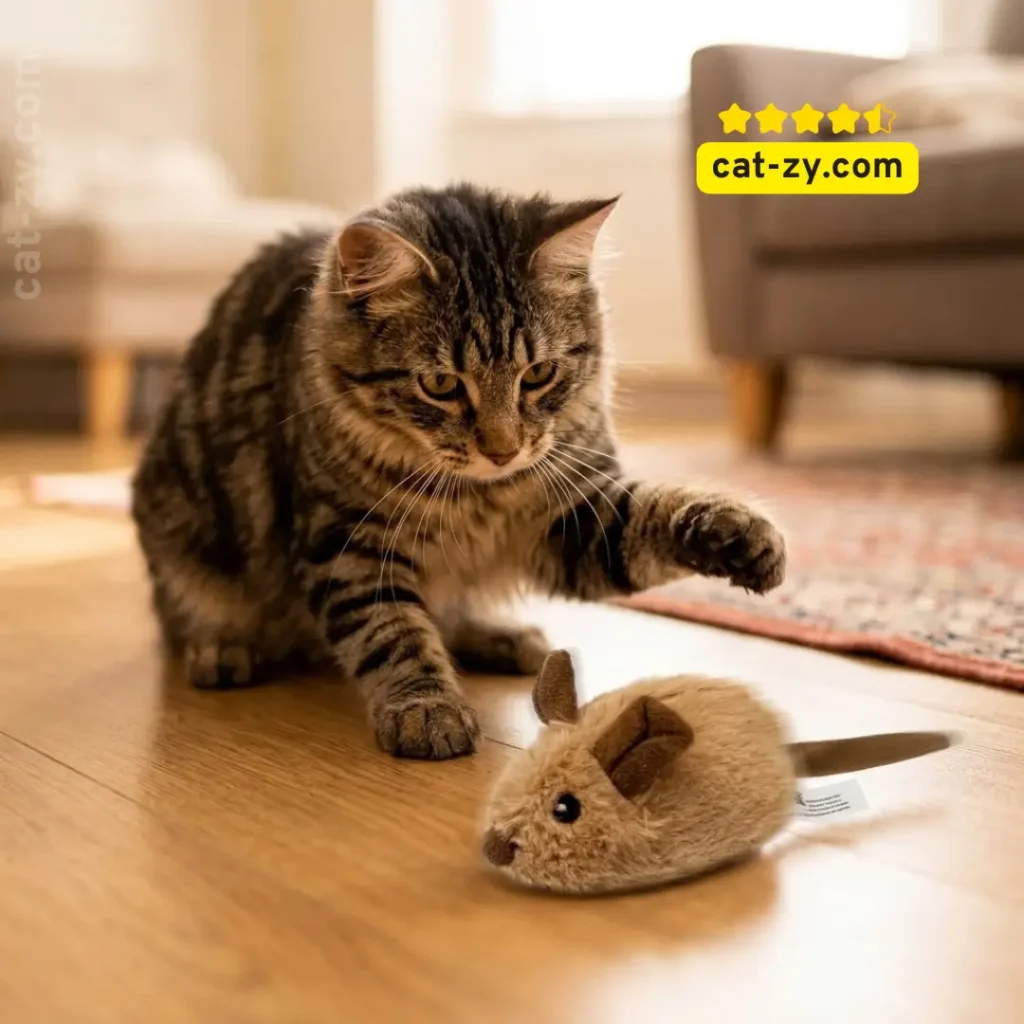 A curious cat playing with an electronic remote control cat toy in a home setting, featured on cat-zy.