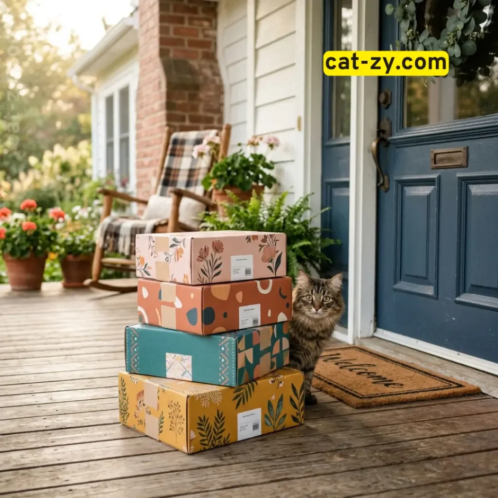 Stack of cat subscription boxes delivered to a doorstep showing their rising popularity, cat-zy
