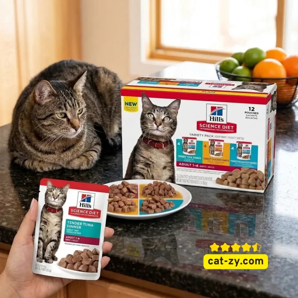 Hill's Science Diet Adult Tender Chunks and Gravy variety pack wet cat food pouches featured in an educational review on cat-zy.