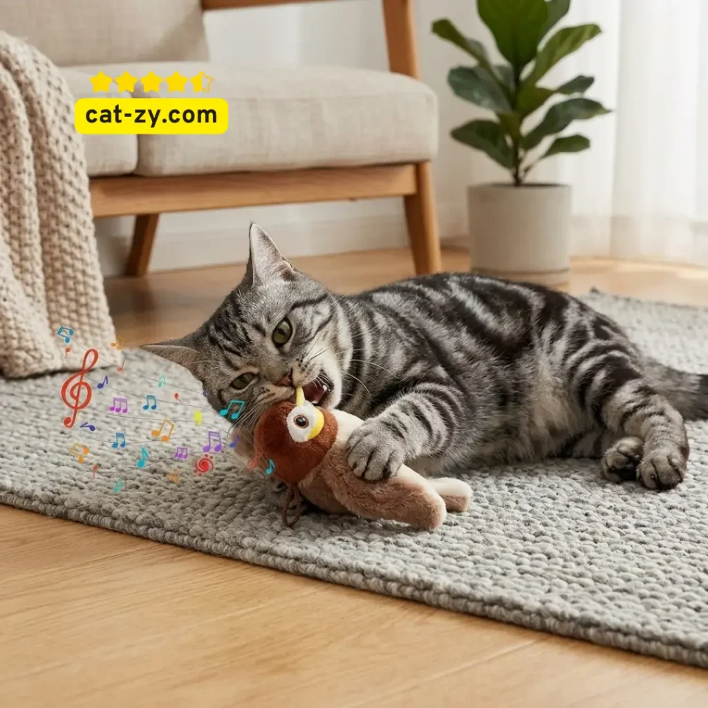 A cat playing with an Interactive Chirping Bird Flapping Bird Cat Toy, as featured on cat-zy.