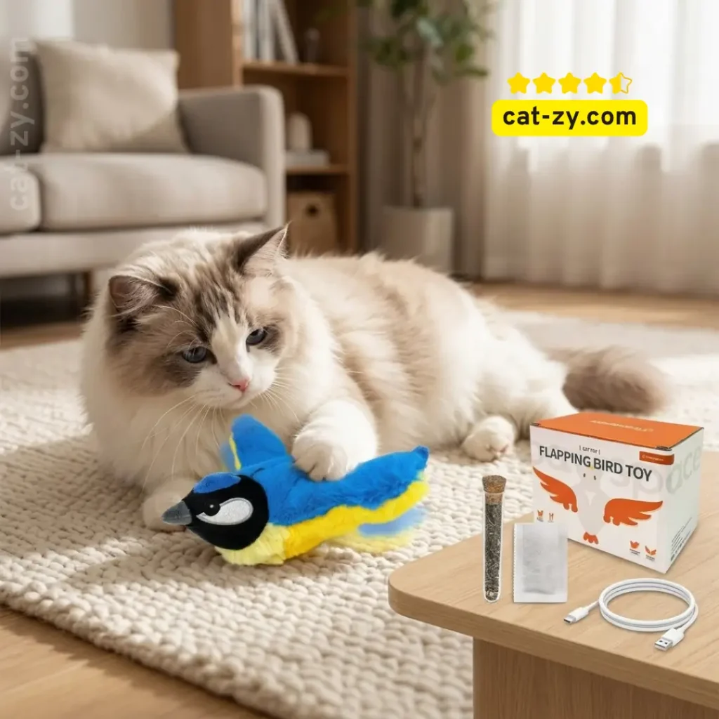 An interactive Flapping Bird Cat Toy featuring realistic wing motion and chirping sounds, as reviewed and recommended for feline enrichment by the experts at cat-zy.