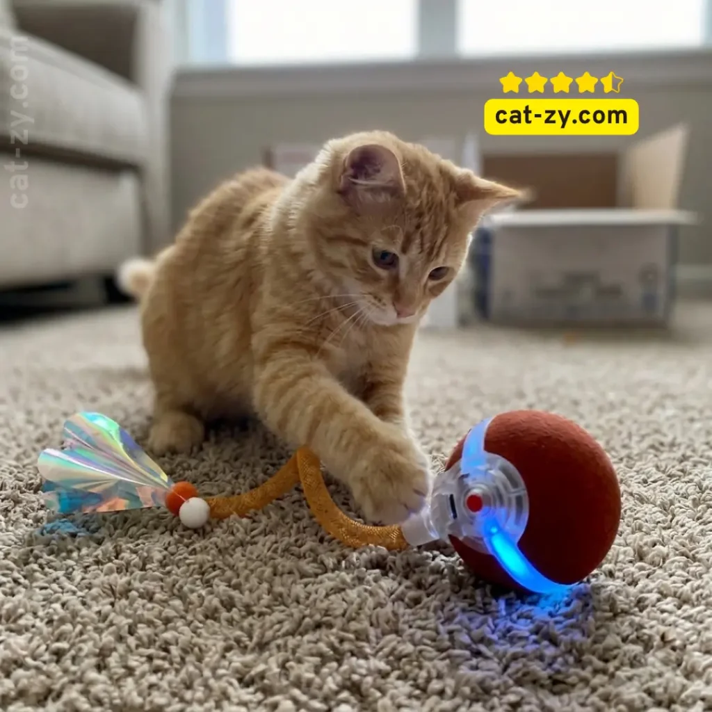 A happy cat playing with a remote control cat toy in a cozy home, as featured on cat-zy.