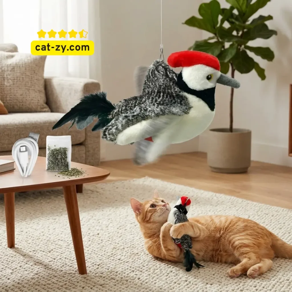 A cat engaging with the LEWISER Flapping Bird Cat Toy in a home setting, as reviewed by cat-zy.