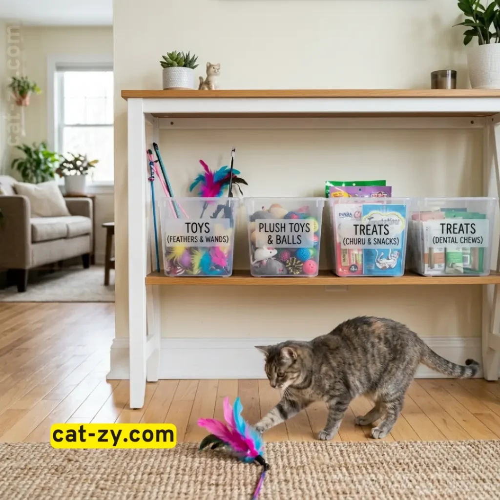 Organized storage bins for rotating cat subscription box toys, cat-zy