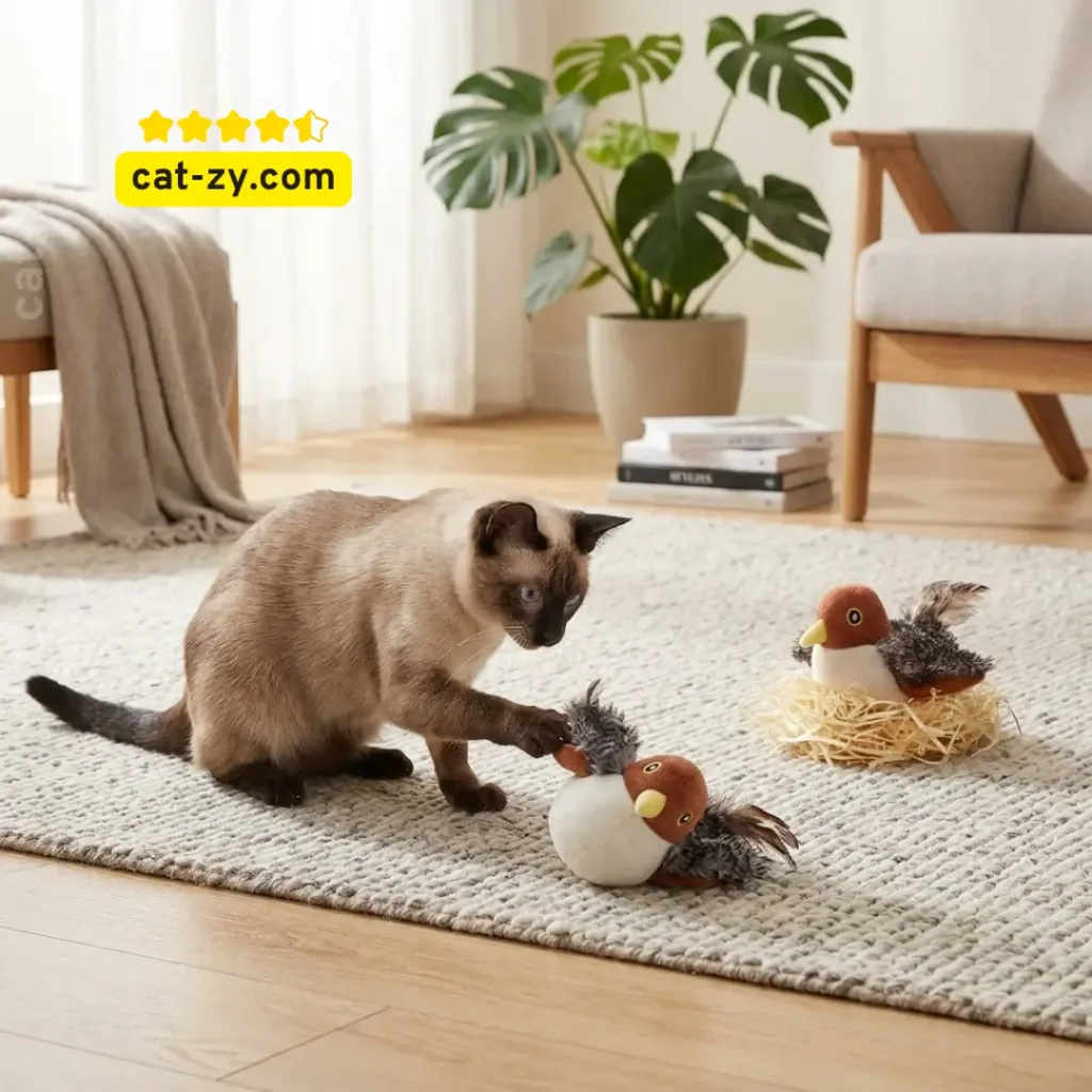 A lifelike Flapping Bird Cat Toy featuring three distinct flapping modes, as featured in the expert feline enrichment guides on cat-zy.