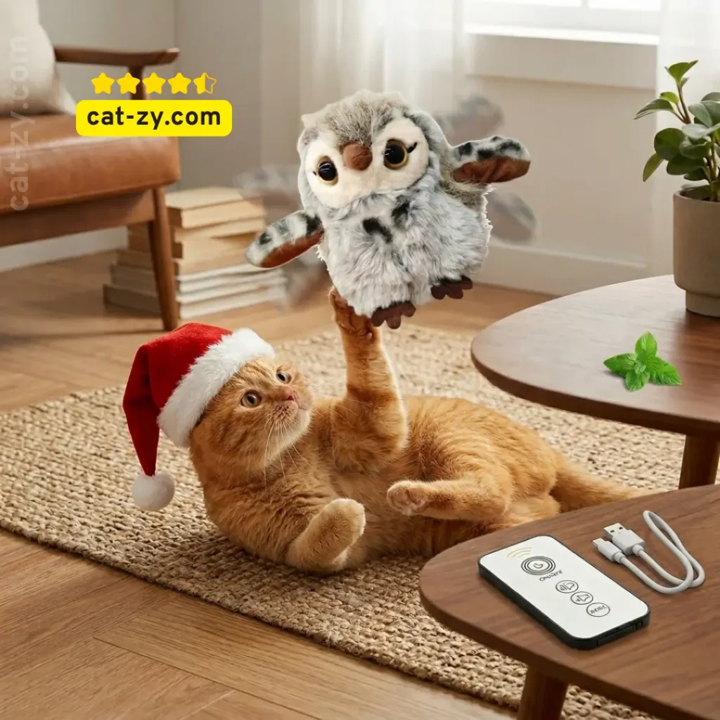A cat happily playing with the Puffluv Flapping Bird Cat Toy inside a cozy home setting, as featured on cat-zy.