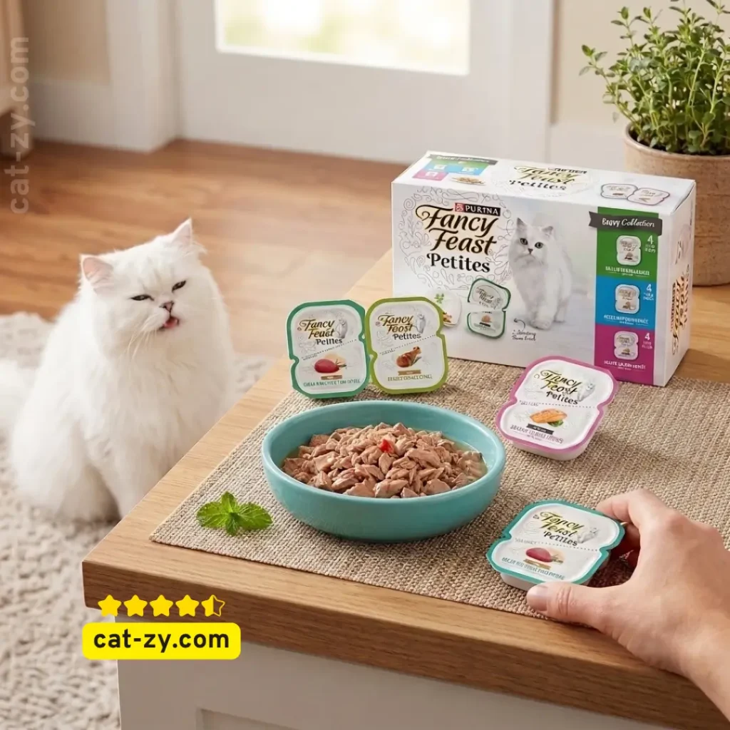 Purina Fancy Feast Gourmet Wet Cat Food Petites Gravy Collection variety pack with break apart tubs featured in an informative review on cat-zy.