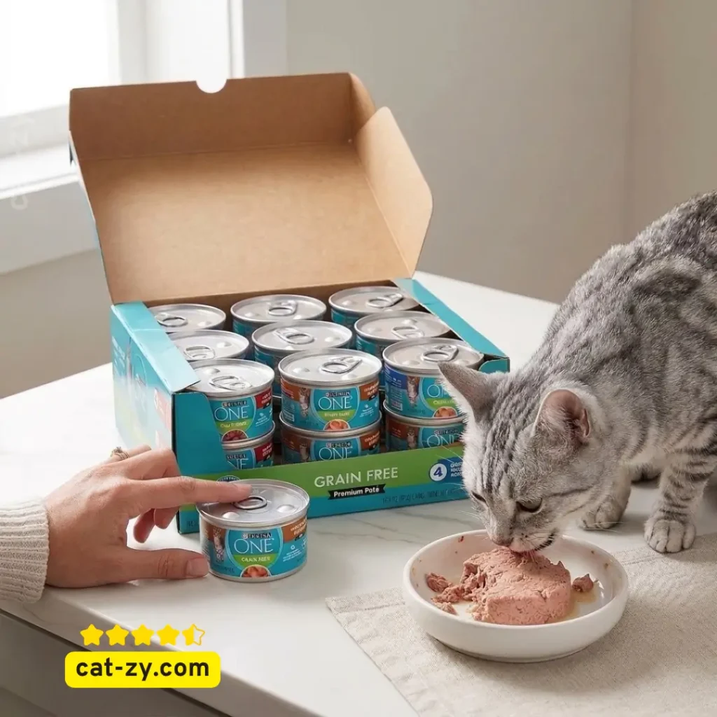 Purina ONE Grain Free natural pate wet cat food variety pack with beef chicken and ocean whitefish recipes featured in a comprehensive review on cat-zy.