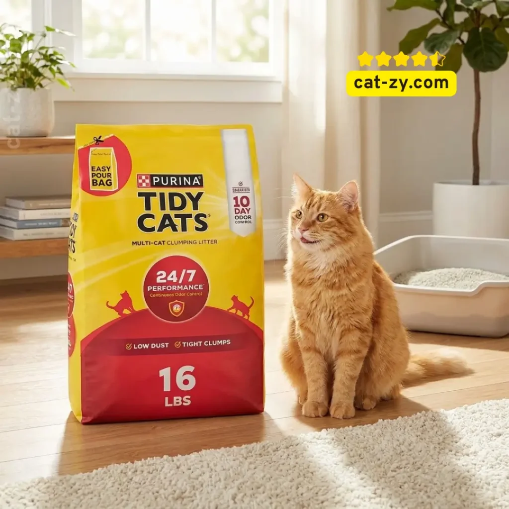 Purina Tidy Cats 24/7 Performance 16 lb bag shown next to a cat for size comparison, featured in an expert review on cat-zy, where we provide insights on feline care and nutrition like stella and chewy cat food.