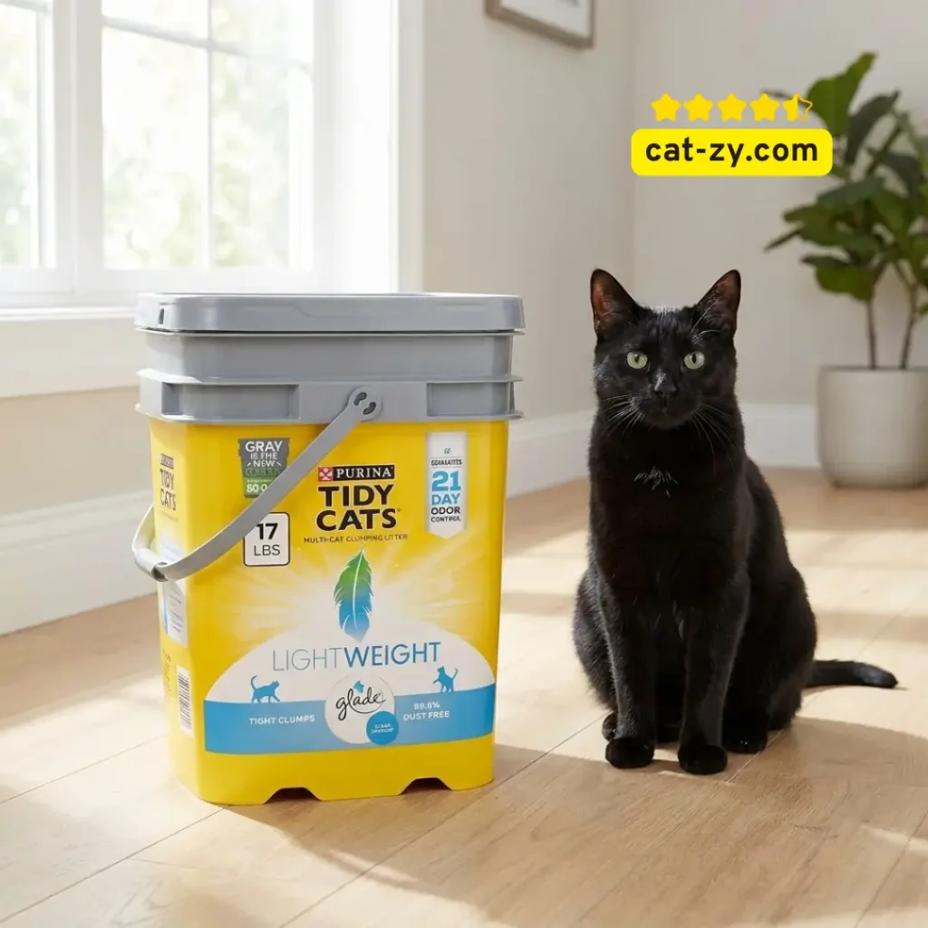 Purina Tidy Cats lightweight litter container next to a cat for scale, featured in a review on cat-zy to help readers compare with alternatives like stella and chewy cat food.