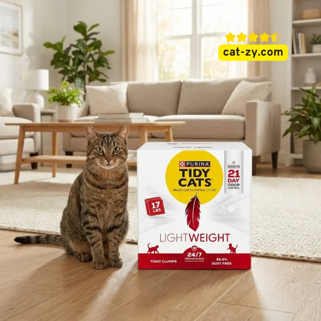 Purina Tidy Cats Lightweight 24/7 Performance 17 lb box shown next to a cat for size reference, featured in an expert pet care guide on cat-zy, where we also discuss nutrition topics like stella and chewy cat food.