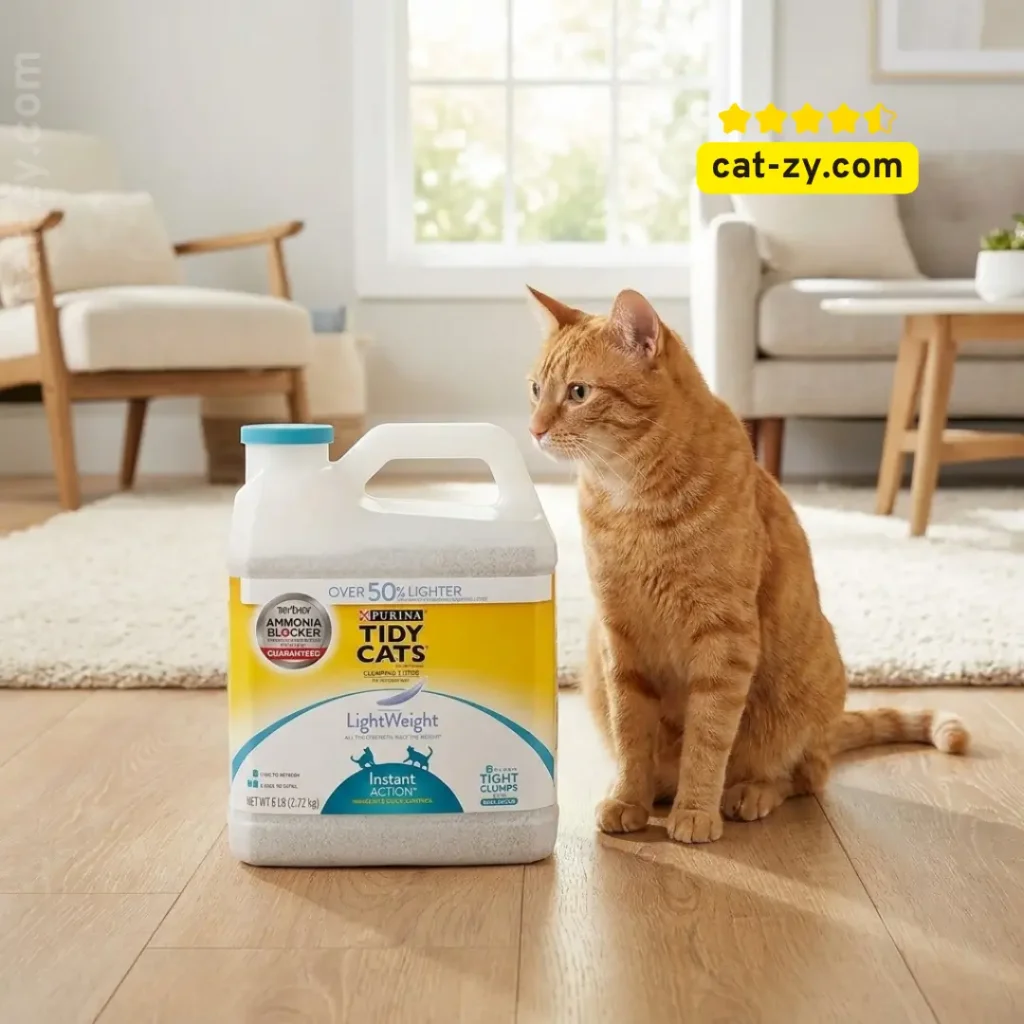 Purina Tidy Cats Lightweight 6 lb jug shown next to a cat for size reference, featured in an educational pet care guide on cat-zy, where we also discuss nutrition topics like stella and chewy cat food.