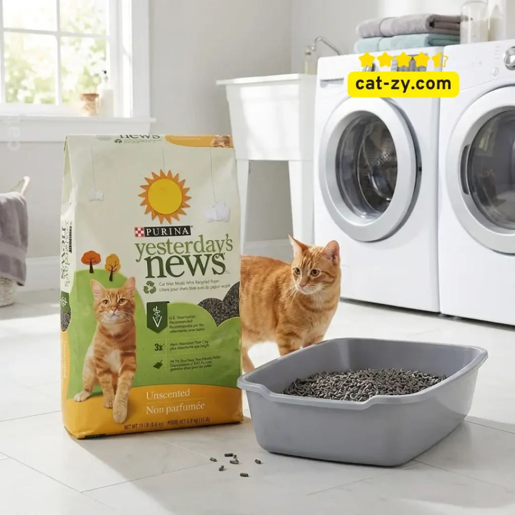 Purina Yesterday's News non-clumping unscented paper cat litter 15lb bag for low tracking on cat-zy.