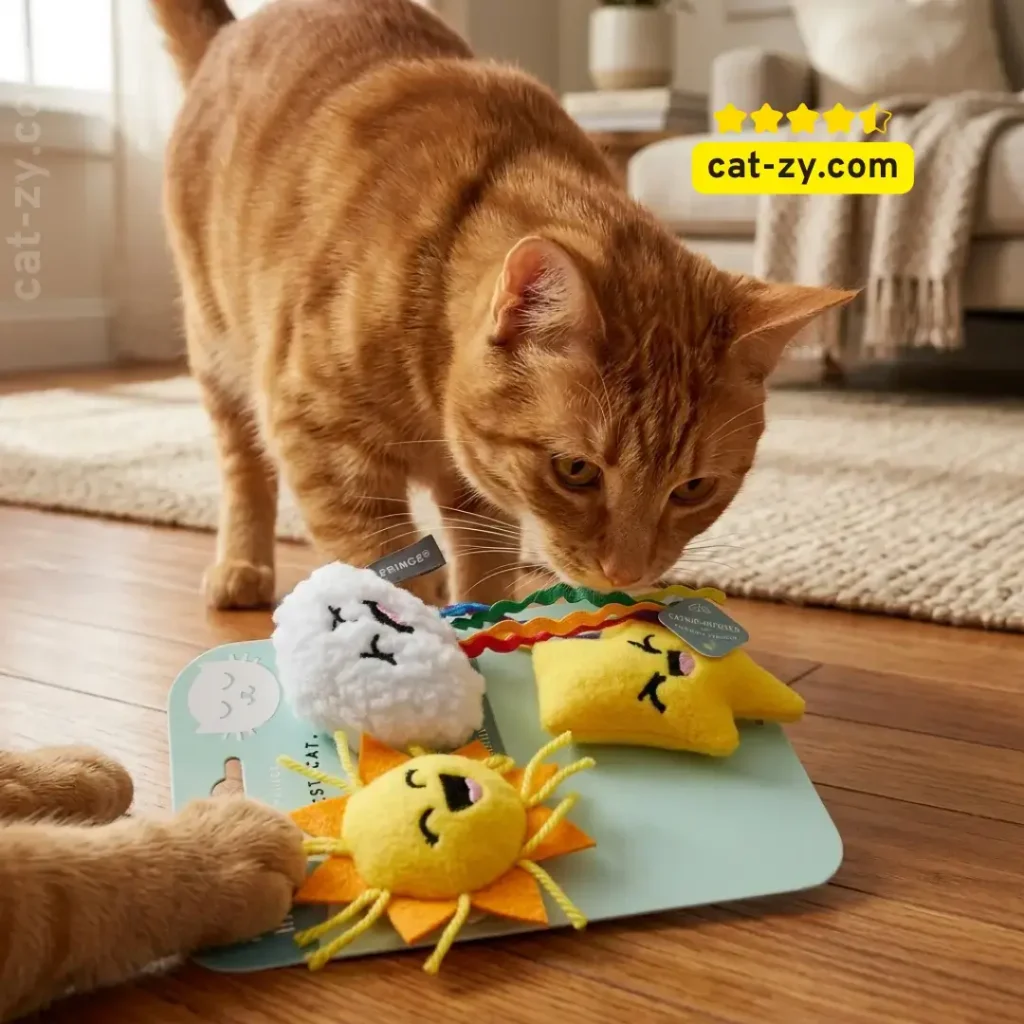 A fluffy, cream-colored cat interacting playfully with the exact toys from the Purr Box, including the sleeping cloud and yellow star, in a cozy, sunlit living room setting reviewed by cat-zy.
