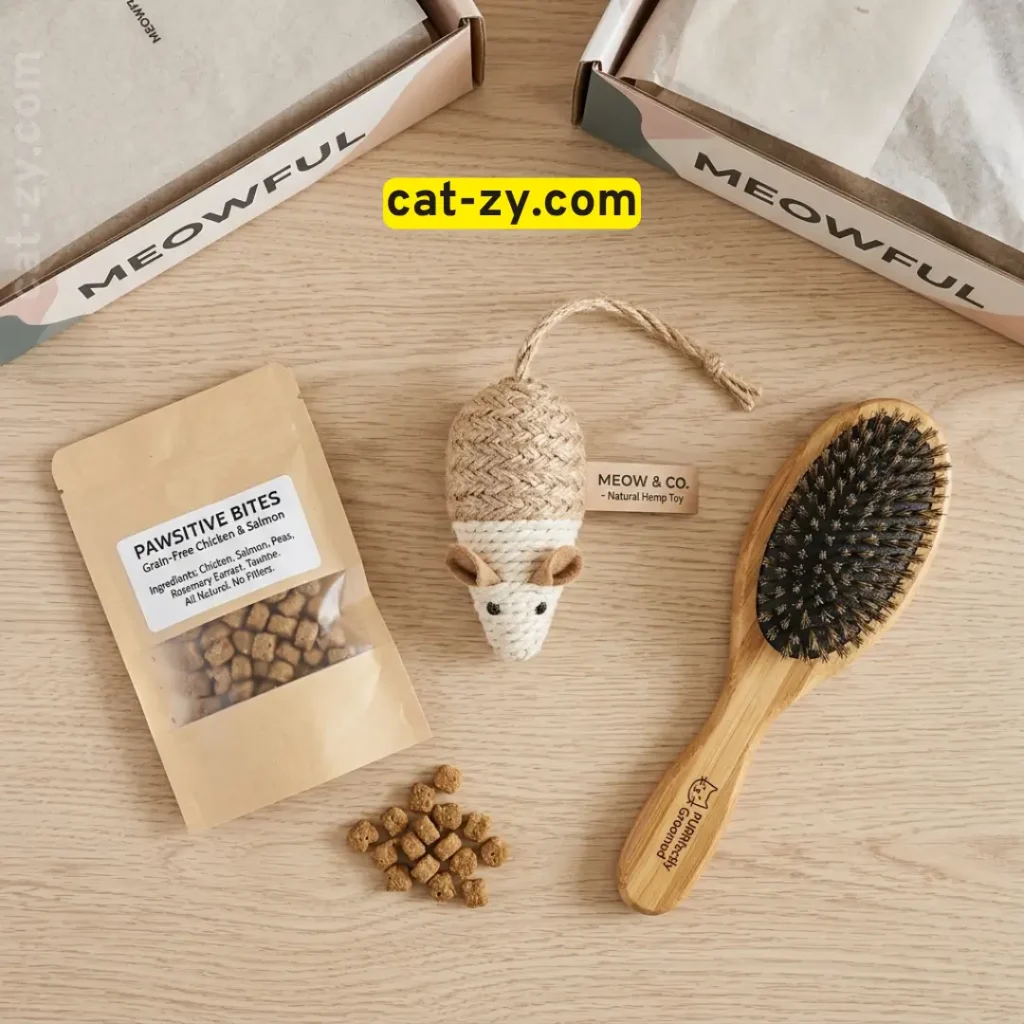 Close-up of quality cat subscription box items including safe toys and treats, cat-zy