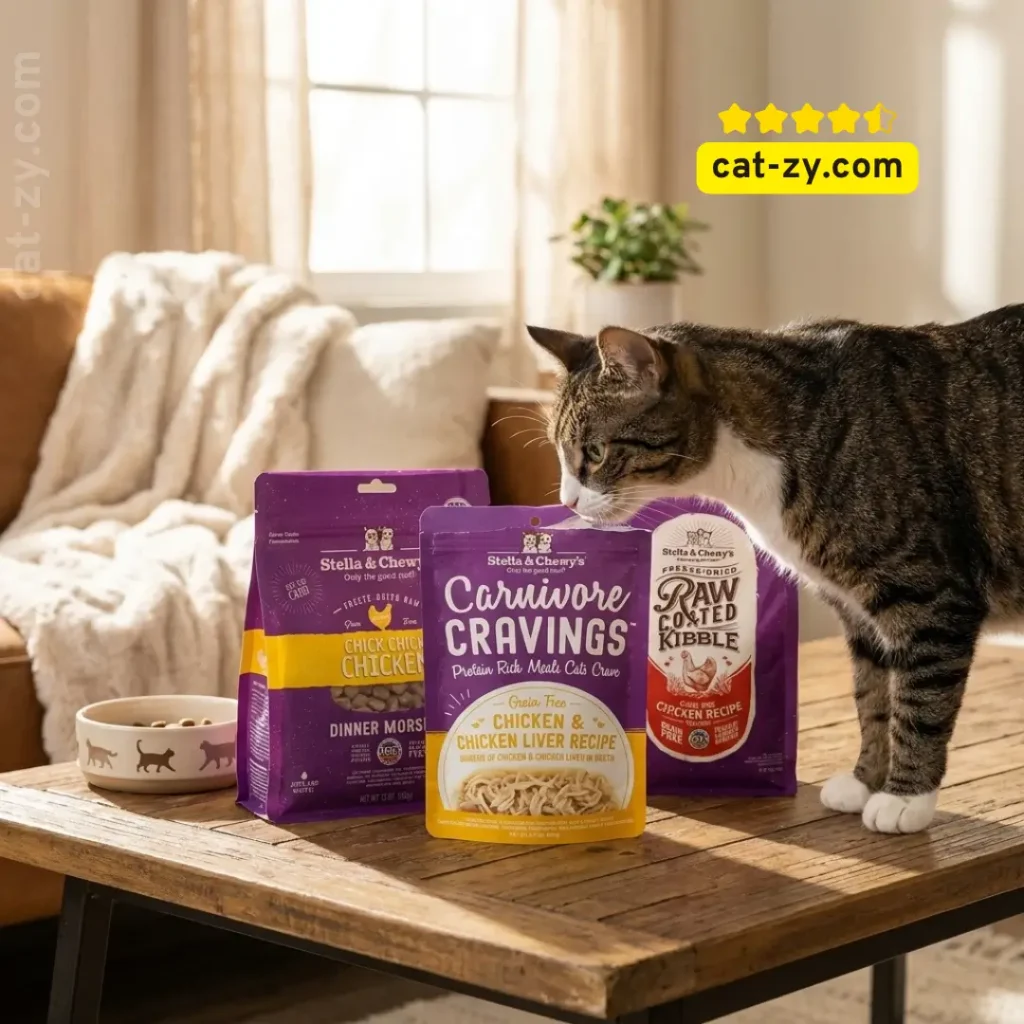 A cute cat sitting next to the Stella and chewy cat food chicken superpack, featured in an educational review on the cat-zy website.