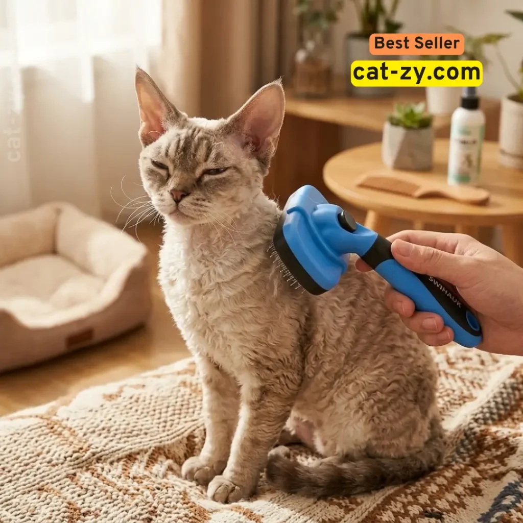 curly hair cat being brushed with self cleaning slicker brush cat-zy