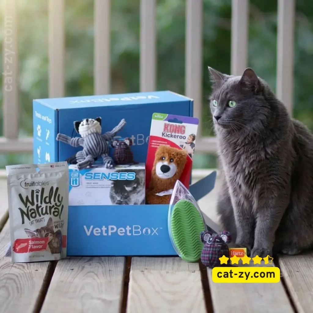 A photorealistic close-up of the VetPet Box subscription contents, including Catit Senses and Fruitables treats, arranged on a wooden deck and reviewed by cat-zy. A Russian Blue cat sits beside the box, looking curiously at the items.