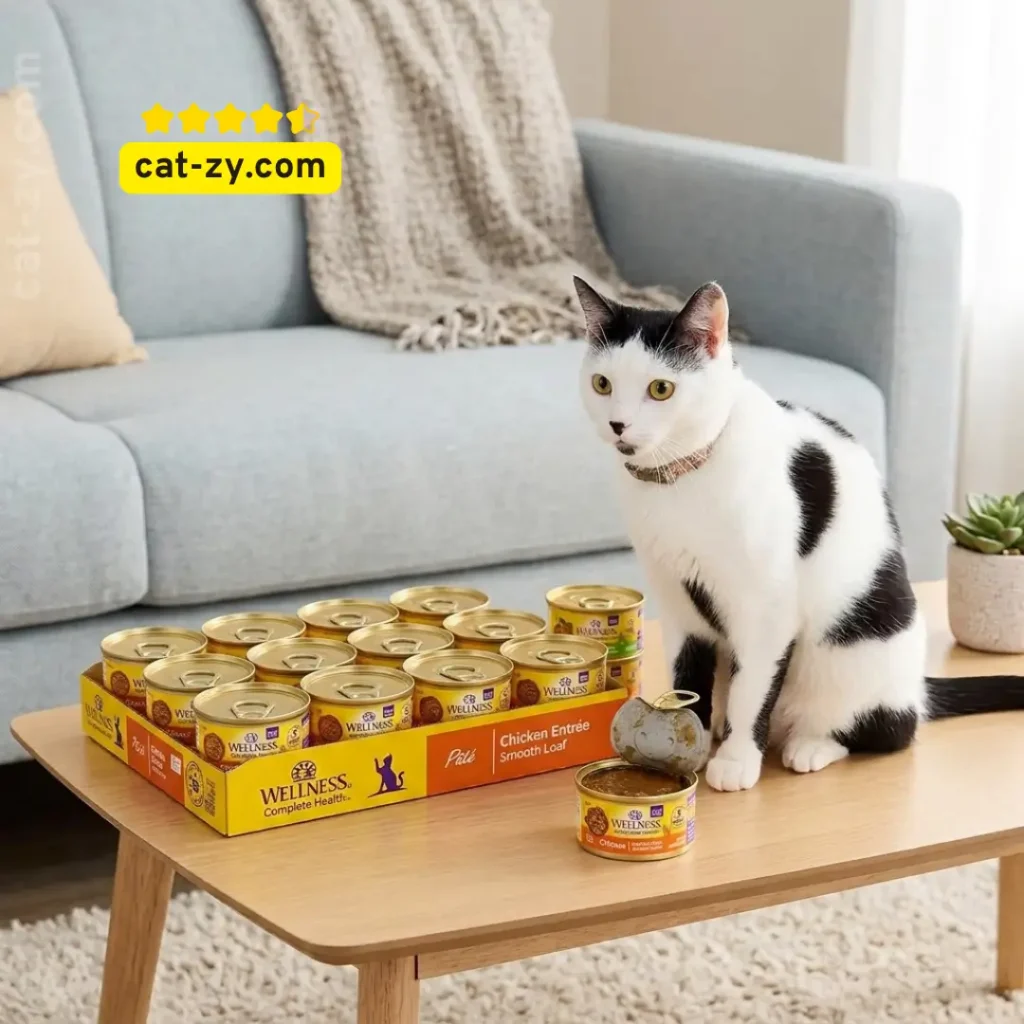 Wellness Complete Health Pate natural grain free chicken entrée recipe adult canned cat wet food pack featured in a nutritional guide on cat-zy.