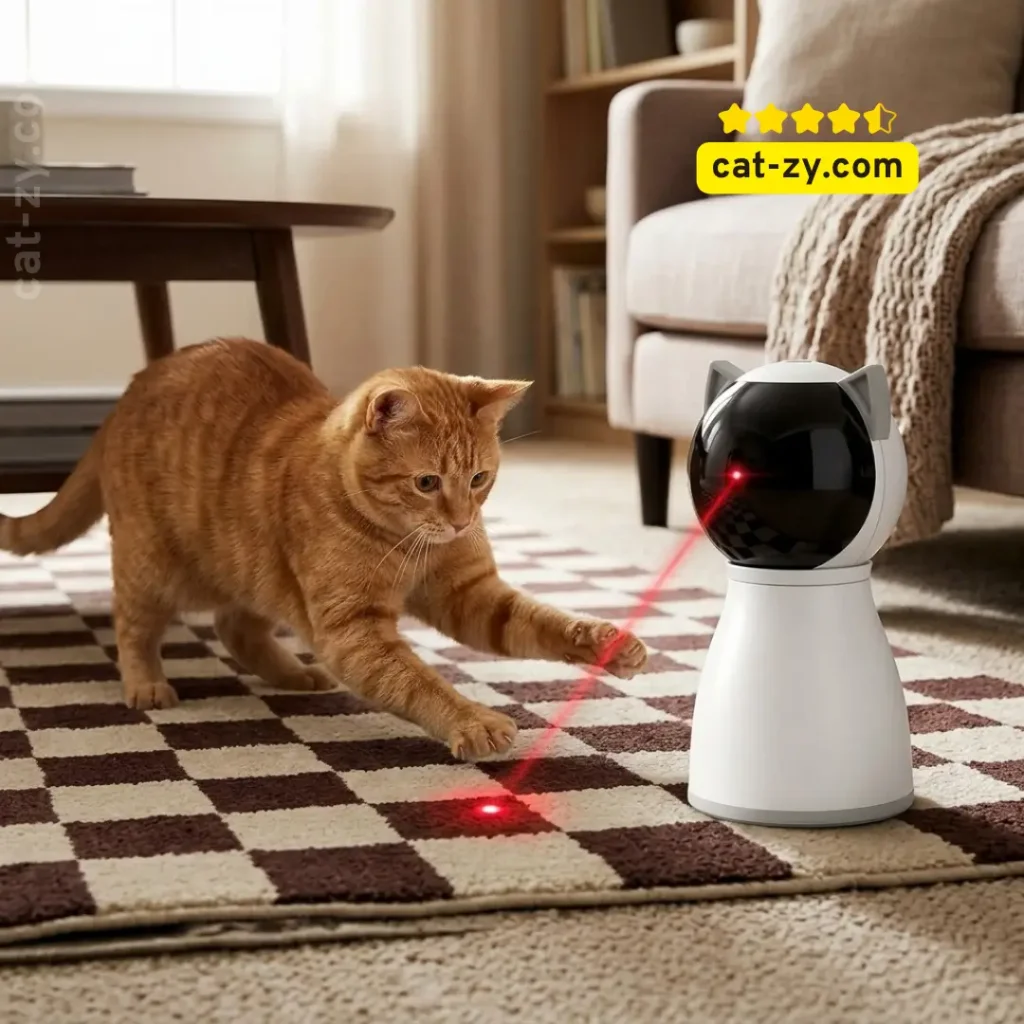 A cat interacting with a perfectly scaled laser interactive cat toy in a home setting, featured on cat-zy.