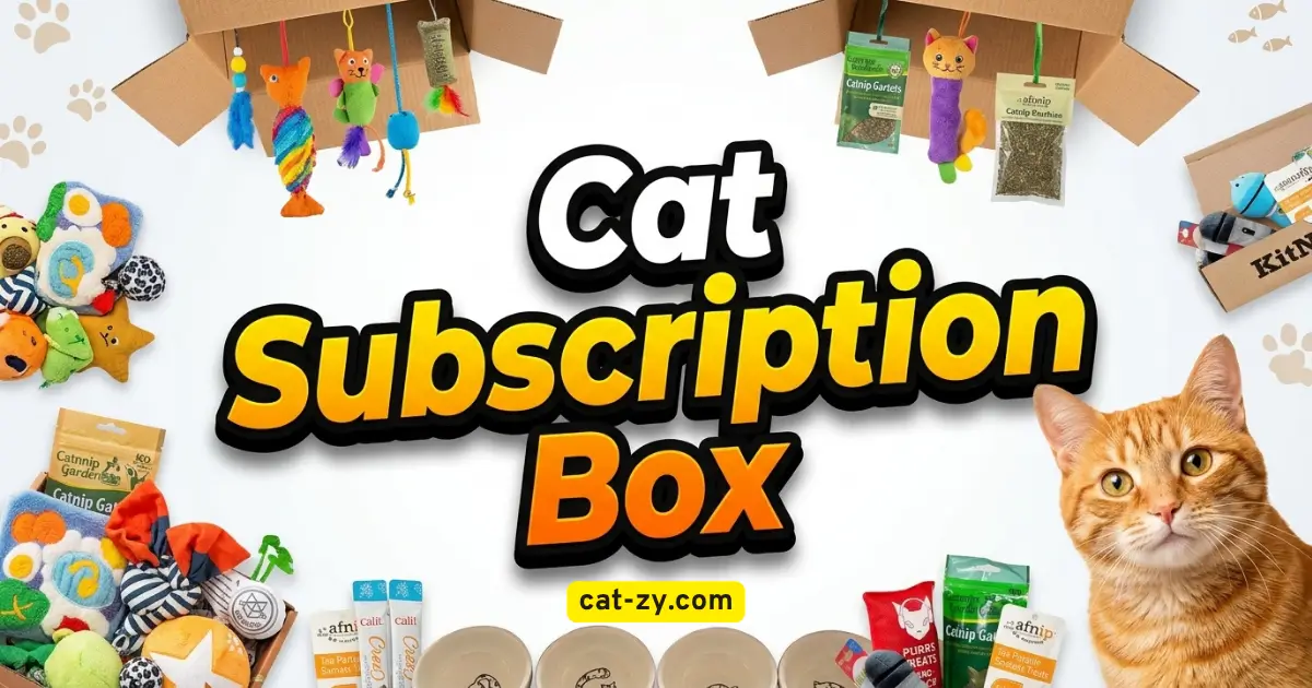 Best cat subscription box options arranged around a central title graphic with one happy cat, presented by cat-zy.