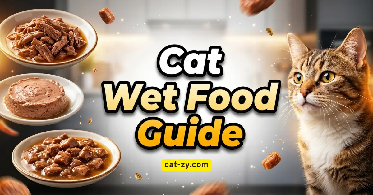 An elegant display of delicious cat wet food choices and a joyful fluffy cat framing the text space, featured on cat-zy.com.