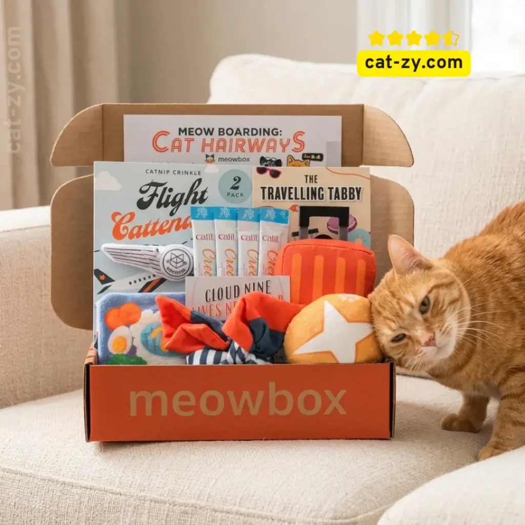 A friendly orange tabby cat rubbing its face against the meowbox Cat Subscription Box reviewed on cat-zy.