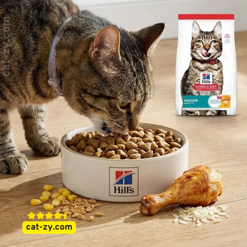 A realistic photo of a senior cat eating mixed kibble, with the clear and legible bag of Hill's Science Diet Indoor Adult 7+ senior cat food visible in the background, in a cat-zy nutrition guide.