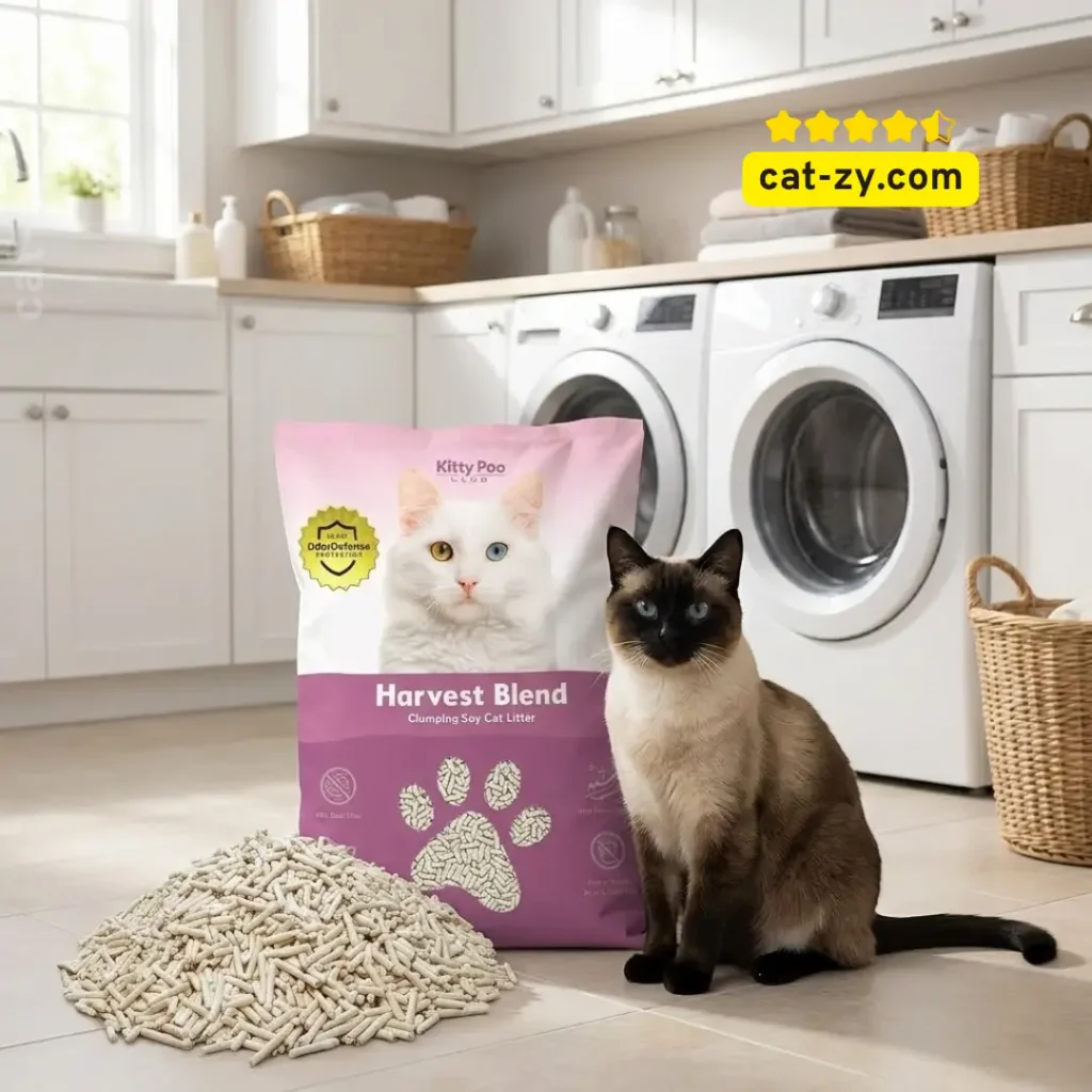 Advanced soy cat litter pellets by Kitty Poo Club showing plant-based tofu cat litter on cat-zy.