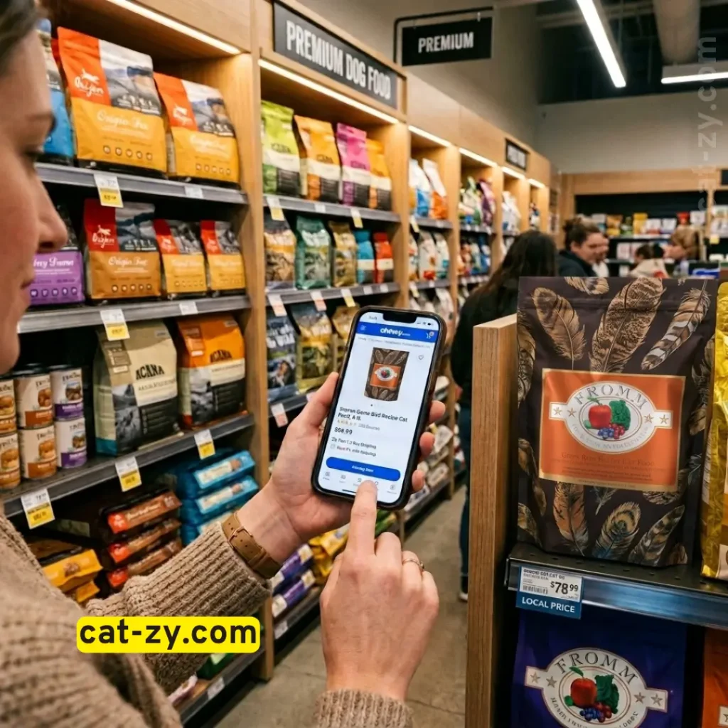 A well-stocked pet food aisle showing options for buying fromm cat food online or in stores, managed by cat-zy.