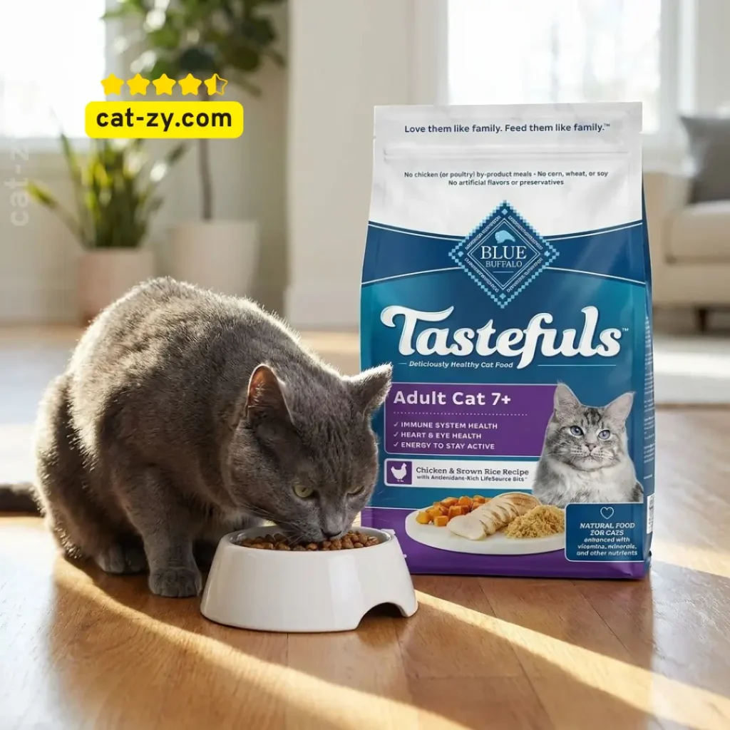 A realistic photo of a blue-gray cat eating kibble next to a clear, legible bag of Blue Buffalo Tastefuls Adult 7+ Chicken & Brown Rice Recipe, for a cat-zy nutritional guide.