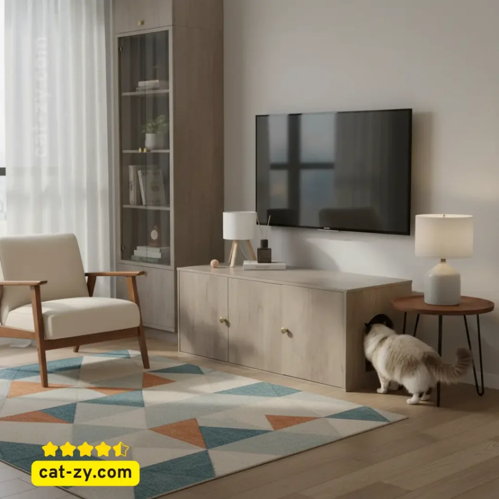 Midcentury modern cat litter box furniture with cat-zy, cat exploring neat hidden litter box area