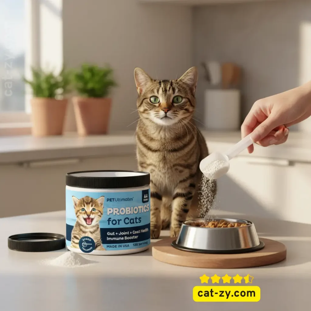 A person hand-feeds Pet Ultimates probiotic to a happy cat-zy feline, a great option when thinking can cats eat yogurt.
