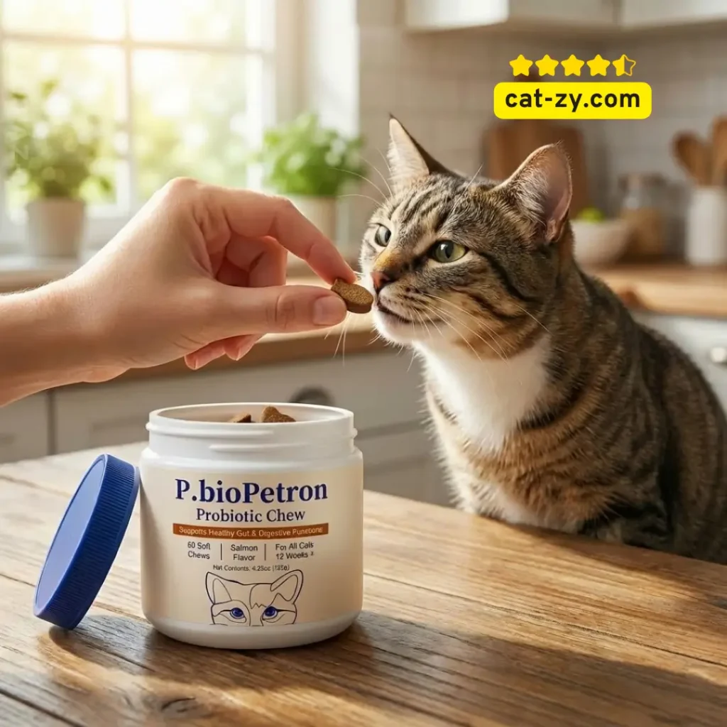 A person hand-feeding a brown P.bioPetron chew to a cat-zy feline, a better choice than wondering can cats eat yogurt.