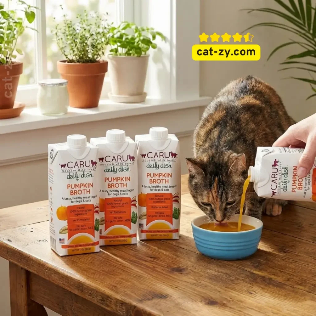 A healthy domestic short-hair cat with a sleek coat is intently drinking. An open silver cat food bowl on a wooden trivet is filled with wet food, drizzled with orange broth, and a sprinkle of powder. The person is using the removed white plastic bottle cap from one of the Caru Daily Dish Pumpkin Broth cartons as a tiny scoop, meticulously measuring and sprinkling white powder onto the cat's regular wet food in the bowl. A person’s hands are in the foreground, holding the white scoop and actively sprinkling fine white probiotic powder onto a cat’s bowl of wet food. The container depicted on the product label of image_6.png is visible on the container, and a real, live tabby cat of a similar breed is sitting next to the bowl.