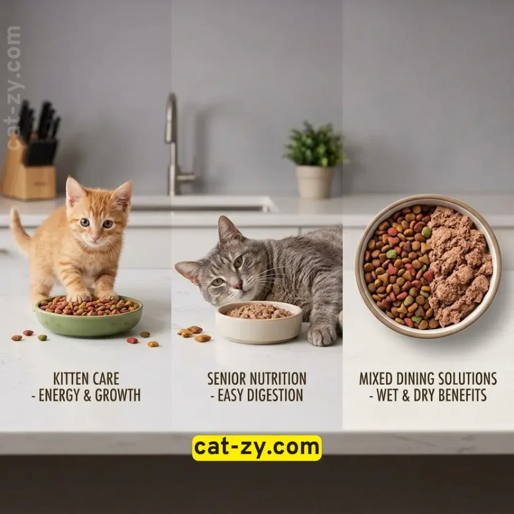 A photographic guide displaying different dietary options and life stages for cats, brought to you by cat-zy alongside fromm cat food tips.