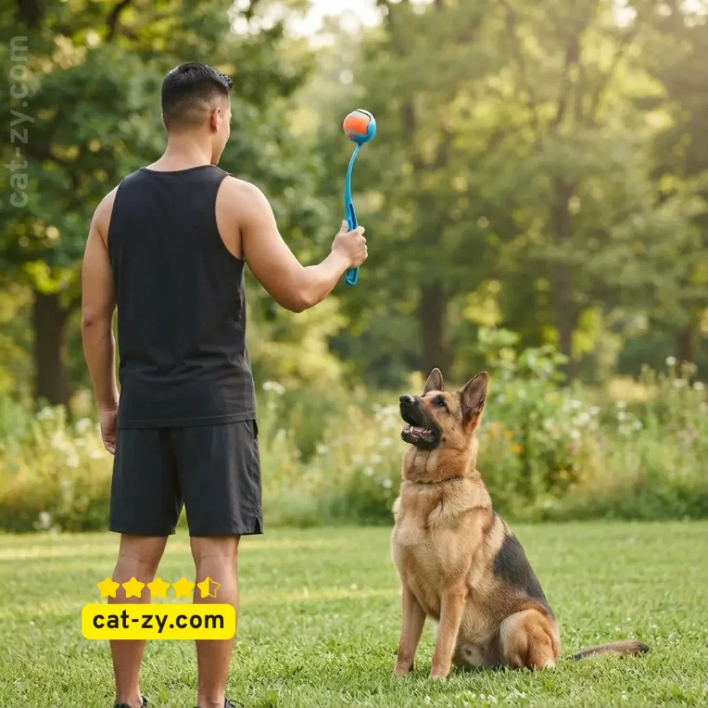 Chuckit dog ball launcher for active outdoor fetch featured on cat-zy guide to dog and cat toys