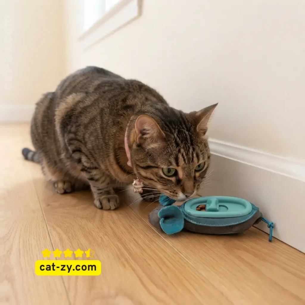 Doc and Phoebe interactive indoor hunting cat feeder featured on cat-zy guide to dog and cat toys