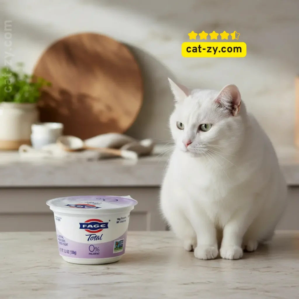 A precise shot of a 5.3oz FAGE Total 0% Nonfat Plain Greek Yogurt cup, a 'cat-zy' safe option for testing if Can Cats Eat Yogurt, positioned next to a currious white cat in a modern kitchen.