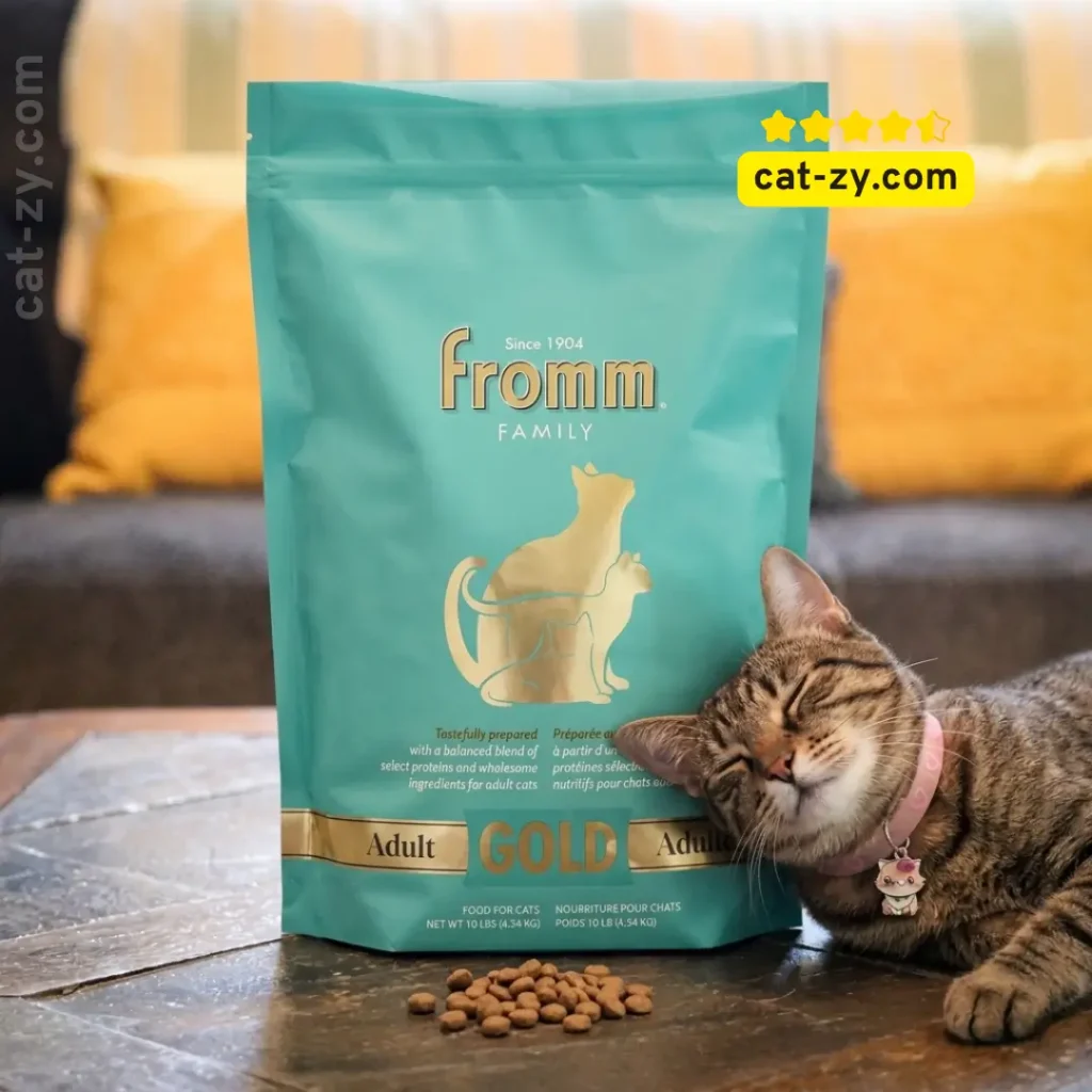 Fromm cat food premium adult gold dry kibble bag featured in an educational review on the cat-zy website.