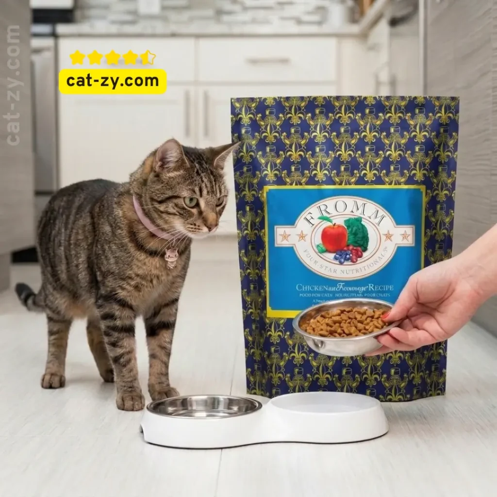 Fromm cat food premium dry chicken au fromage kibble bag featured in an educational review on the cat-zy website.