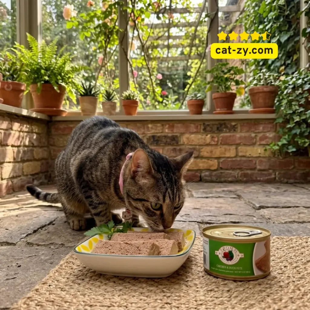 Fromm cat food premium wet canned chicken and duck pâté served beside a brown tabby cat on the cat-zy website.