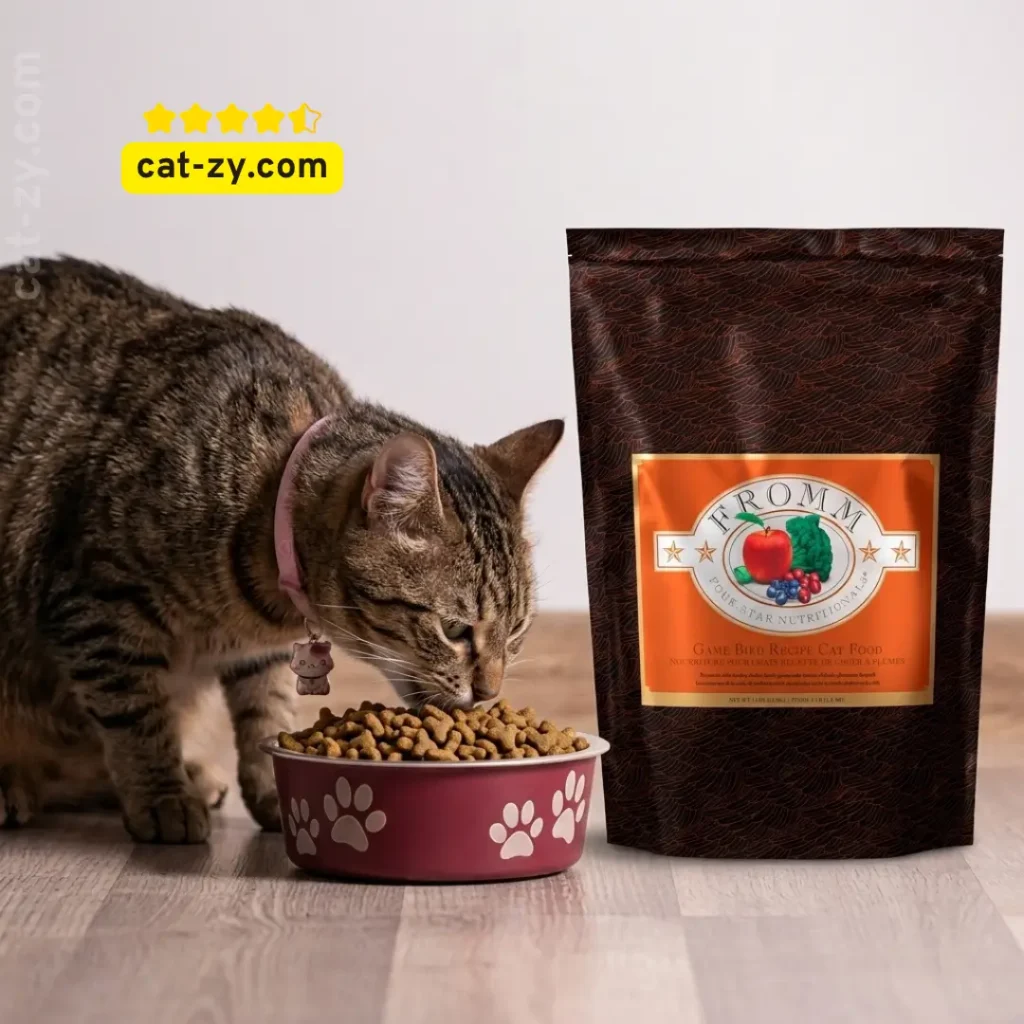 Fromm cat food premium dry kibble bag featured in an educational review on the cat-zy website.