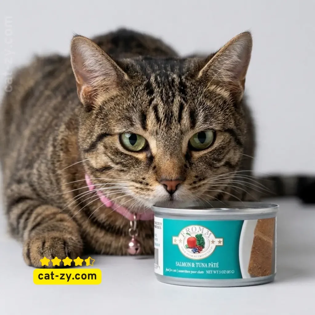 Fromm cat food premium wet salmon and tuna canned pâté featured in an educational review on the cat-zy website.