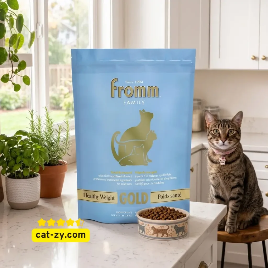 Fromm cat food premium dry healthy weight gold dietary kibble bag featured in an educational review on the cat-zy website.