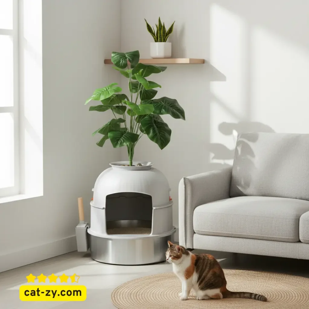 hidden litter box furniture with plant and cat cozy home cat-zy