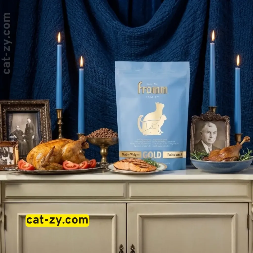 A realistic photographic display with vintage family portraits, premium ingredients, and a blue pet food bag, presented by cat-zy to honor legacy fromm cat food choices.