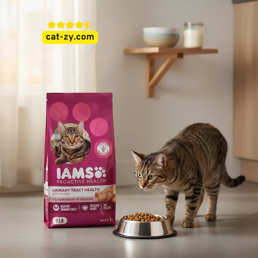 A healthy cat-zy feline next to the IAMS Urinary Tract bag, illustrating can cats eat yogurt for healthy urinary function.